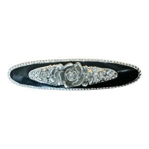 Vintage Edgar Berebi Signed Hair Clip Rose Oval Design Black Enamel Silver Tone